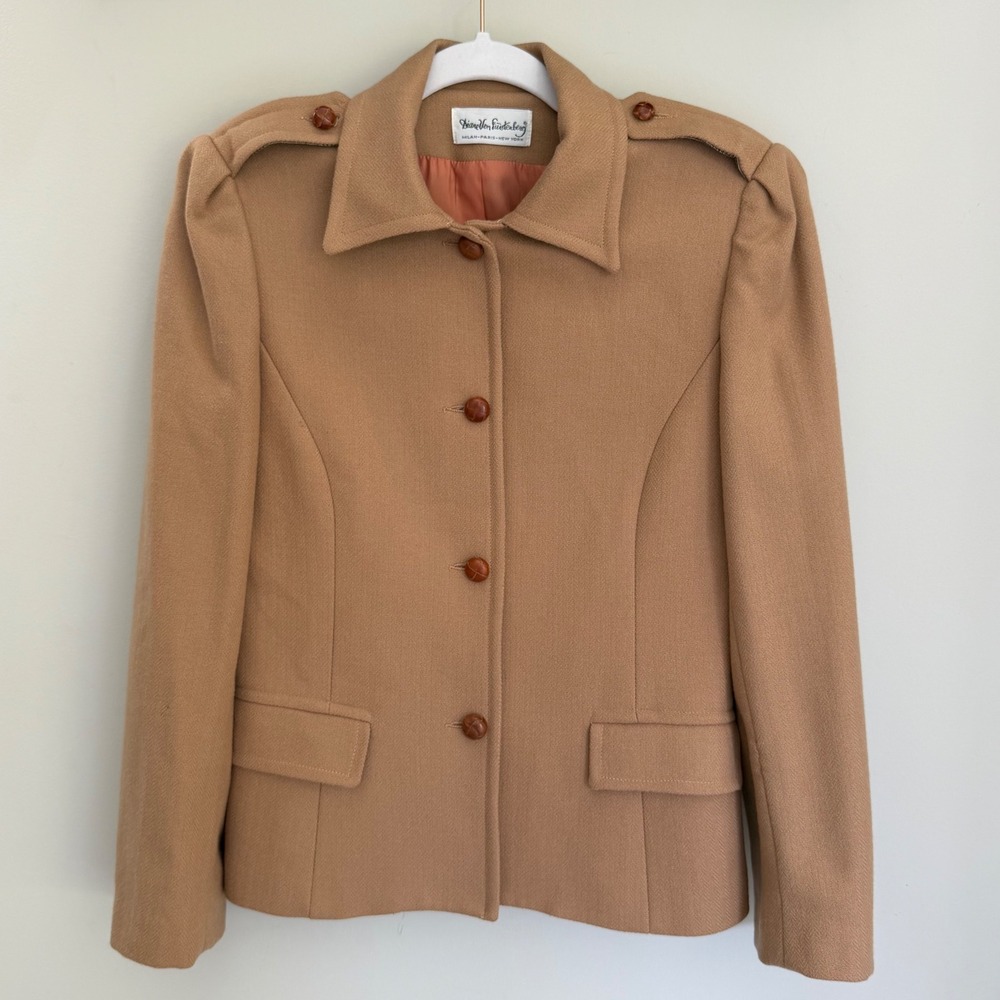 VTG Diane Von Furstenberg Cashmere Wool Blazer Jacket 70s Union Camel Epaulets